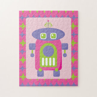 Retro Pink, Purple and Green Robot with Stars Jigsaw Puzzle