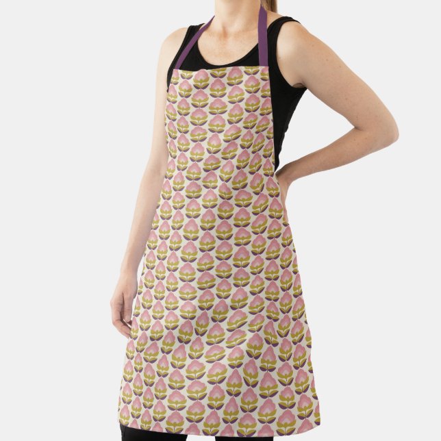 Retro Pink & Purple Floral Pattern Apron (Insitu)