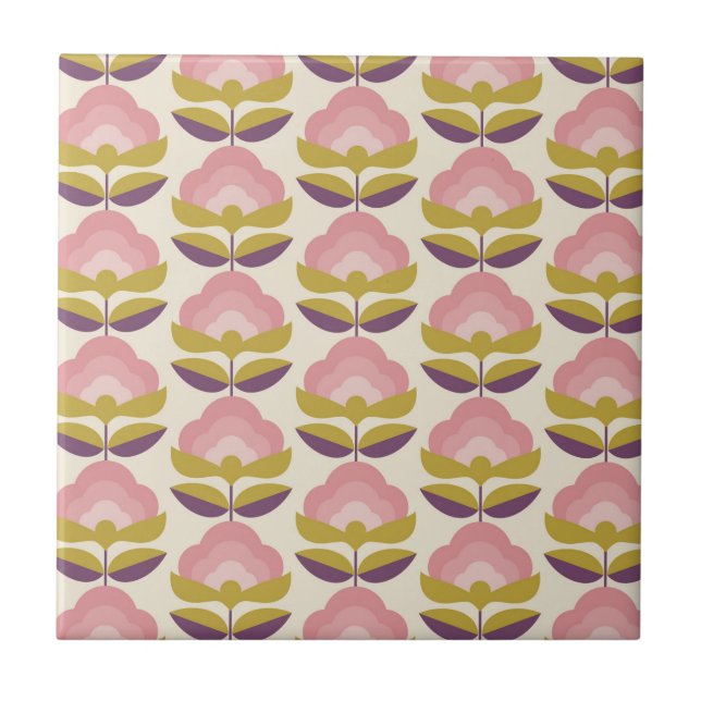 Retro Pink & Purple Floral Pattern Tile (Front)
