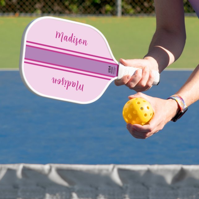 Retro Pink, Purple & Fuchia Striped   Pickleball Paddle (Insitu)