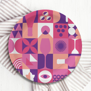 Retro Pink Purple Wine Bauhaus Cocktail Pattern Paper Plate