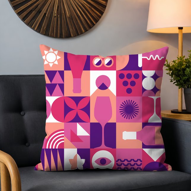 Retro Pink Purple Wine Bauhaus Pattern Cushion (Creator Uploaded)