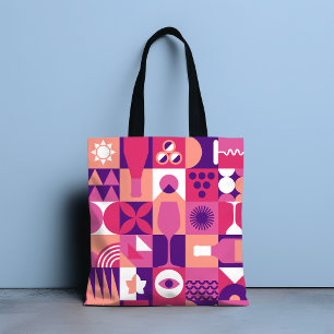Retro Pink Purple Wine Bauhaus Pattern Tote Bag