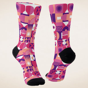 Retro Pink Purple Wine Glass Bauhaus Pattern Socks