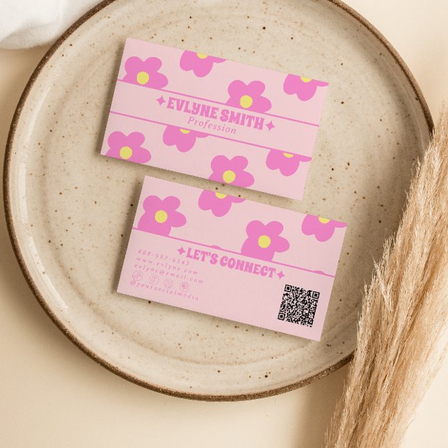 Retro Pink QR Code Groovy Floral Boho Girly Unique Business Card (Creator Uploaded)