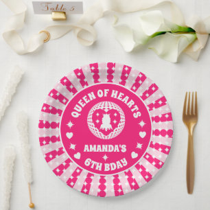 Retro Pink Queen Of Hearts Birthday Paper Plate