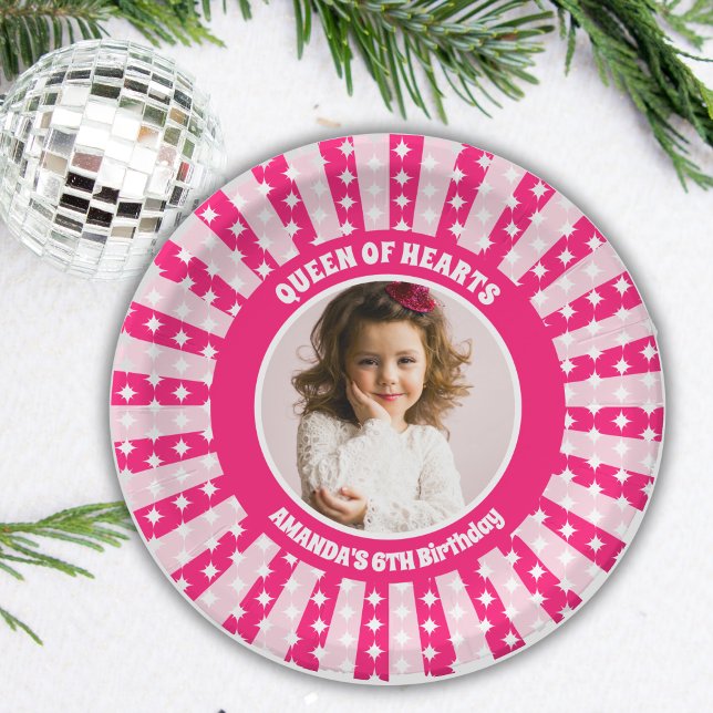 Retro Pink Queen Of Hearts Birthday Party Photo Paper Plate (Creator Uploaded)