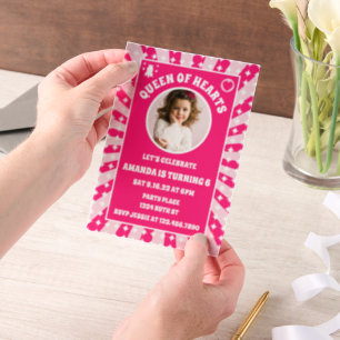 Retro Pink Queen Of Hearts Birthday Party Photo Vellum Invitations