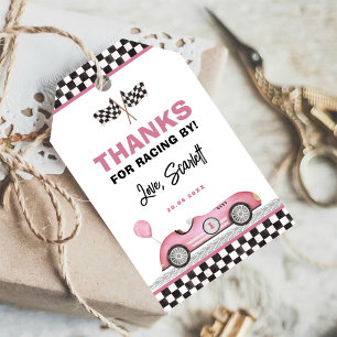Retro Pink Race Car Fast One Girl Birthday Favours Gift Tags