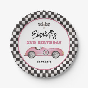 Retro Pink Race Car Two Fast Girl Birthday Paper Plate