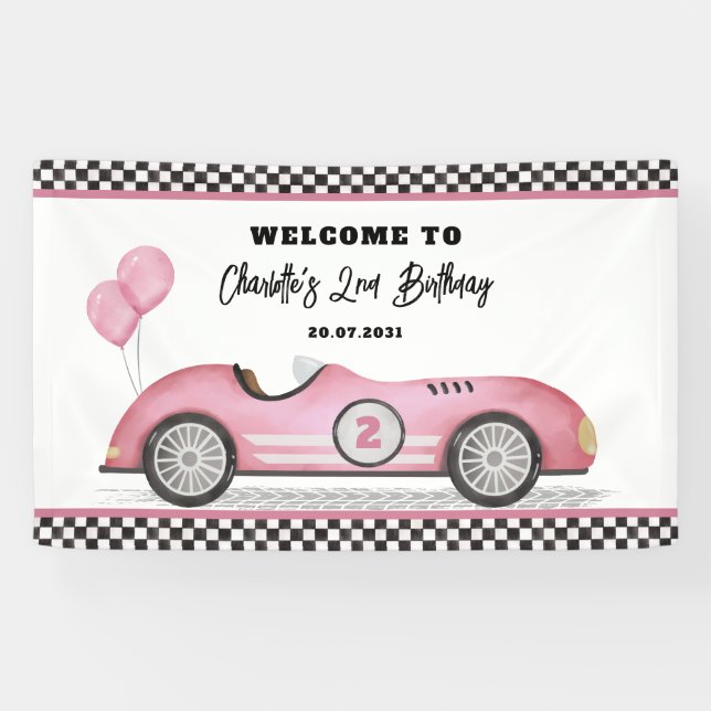 Retro Pink Race Car Two Fast Girl Birthday Welcome Banner (Horizontal)