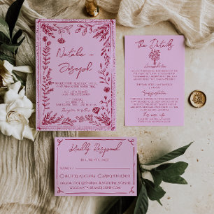 Retro Pink Raspberry Drawn Floral Garden Wedding Invitation