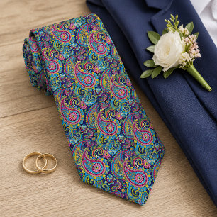 Retro Pink Red Blue Yellow Paisley Floral Pattern Tie