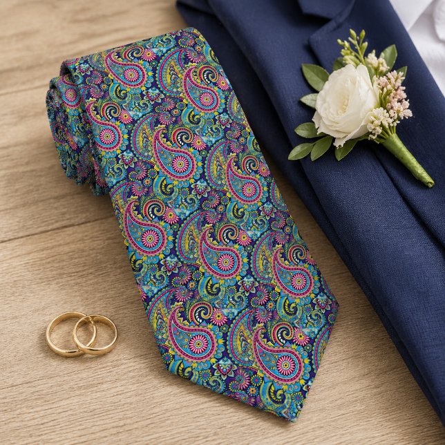 Retro Pink Red Blue Yellow Paisley Floral Pattern Tie (Creator Uploaded)