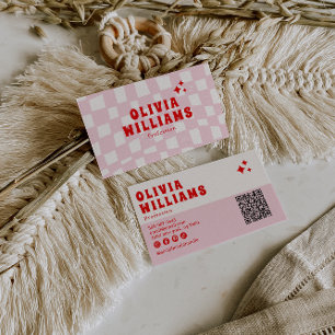 Retro Pink Red Bold Groovy QR Code Girly Chequered Business Card