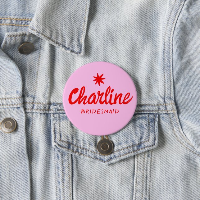 Retro Pink &Red Bridesmaid name pin  (In Situ)