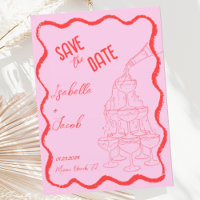 Retro Pink Red Champagne Tower Wavy Save the Date