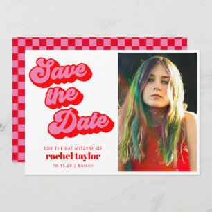 Retro Pink Red Checkerboard Bat Mitzvah Photo Save The Date