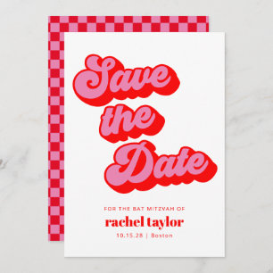 Retro Pink Red Checkerboard Bat Mitzvah  Save The Date