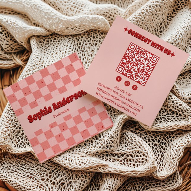 Retro Pink & Red Checkerboard with QR Code Square Business Card (Creator Uploaded)