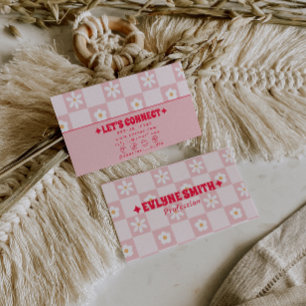Retro Pink Red Checkered Groovy Floral Boho Trendy Business Card