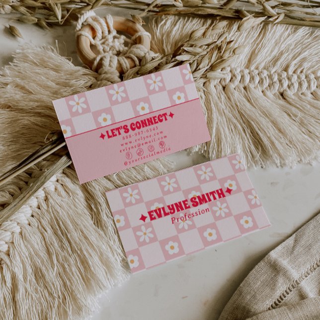 Retro Pink Red Checkered Groovy Floral Boho Trendy Business Card (Creator Uploaded)