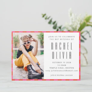 Retro Pink Red Chequerboard Bat Mitzvah Photo  Invitation