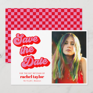 Retro Pink Red Chequerboard Bat Mitzvah Photo Save The Date