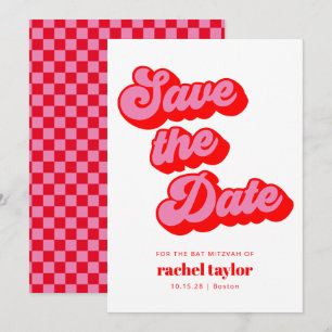 Retro Pink Red Chequerboard Bat Mitzvah Save The Date
