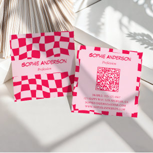 Retro Pink & Red Chequerboard QR Code Square Business Card