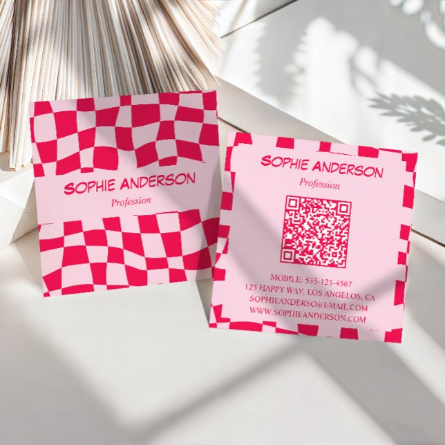 Retro Pink & Red Chequerboard QR Code Square Business Card (Creator Uploaded)