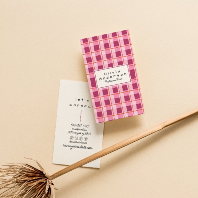 Retro Pink Red Chequered Quirky Boho Girly Fun Business Card (Creator Uploaded)