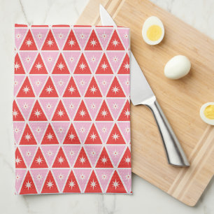 Retro Pink & Red Christmas Geometric Tea Towel