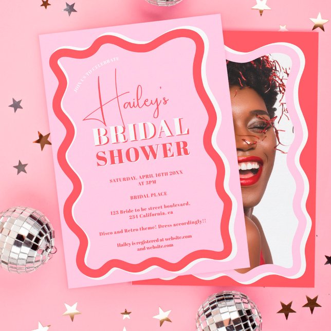 Retro pink red curve squiggle wavy bridal shower invitation (Creator Uploaded)
