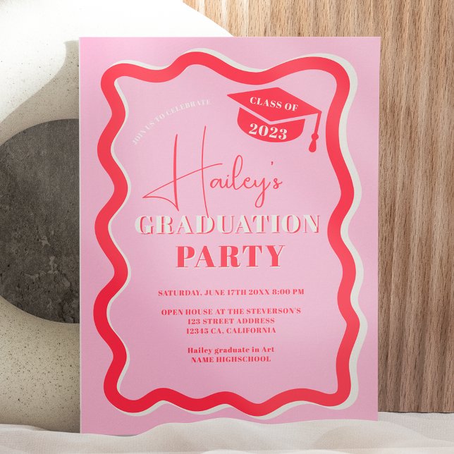 Retro pink red curve squiggle wavy graduation invitation (Retro pink red curve squiggle wavy graduation invitation)