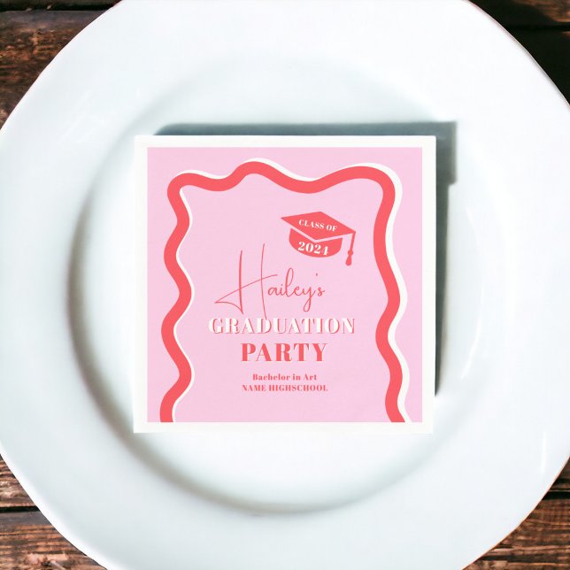 Retro pink red curve squiggle wavy graduation napkin (Retro pink red curve squiggle wavy graduation napkins)