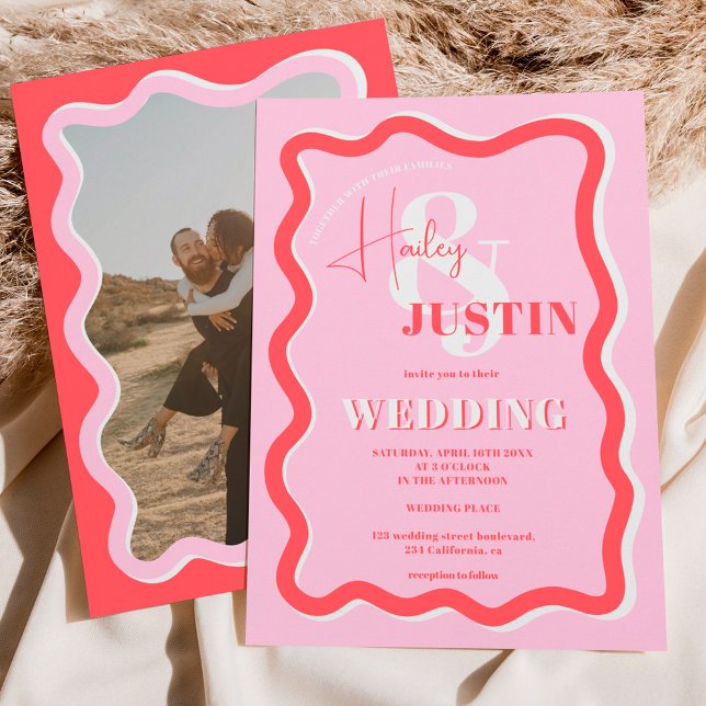 Retro pink red curve squiggle wavy wedding photo invitation (Creator Uploaded)