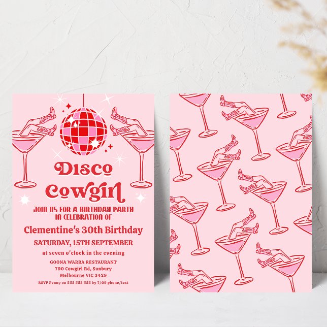 Retro Pink Red Disco Cowgirl 30th Birthday Invitation (Retro Disco Cowgirl Birthday Invitation, Disco Ball, Disco Pink Cowgirl Birthday Invitation Template)