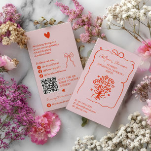 Retro Pink Red Doodles Florist Artist QR Code Business Card