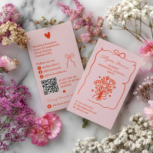 Retro Pink Red Doodles Florist Artist QR Code Business Card (Retro Pink Red Doodles Florist Artist QR Code Business Card)