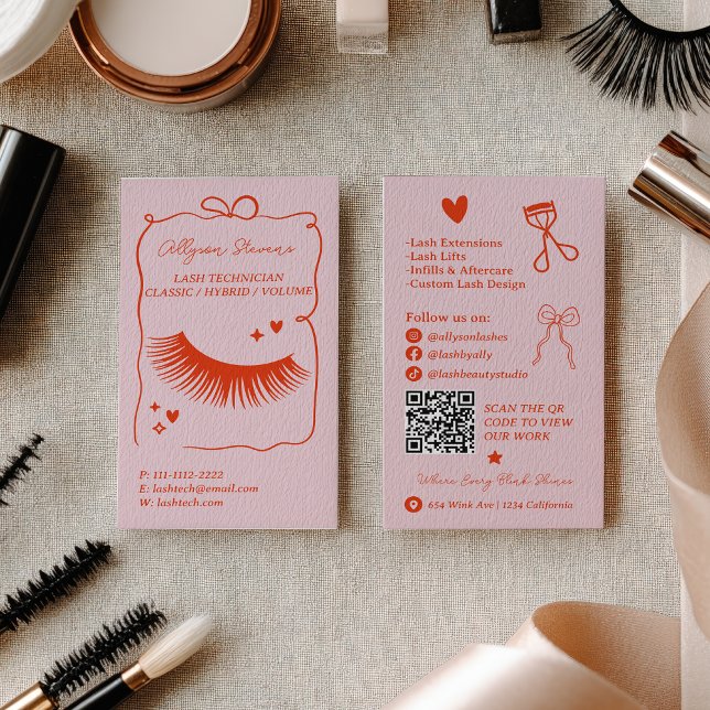 Retro Pink Red Doodles Lash Tech QR Code Business Card (Retro Pink Red Doodles Lash Tech QR Code Business Card)