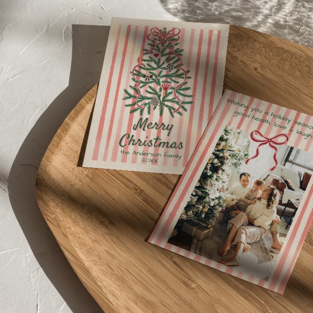  Retro Pink Red Green Drawn Ribbons Tree Christmas Holiday Card (Creator Uploaded)