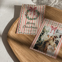 Retro Pink Red Green Drawn Wreath Bow Christmas