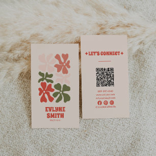 Retro Pink Red Green QR Code Groovy Floral Boho Business Card