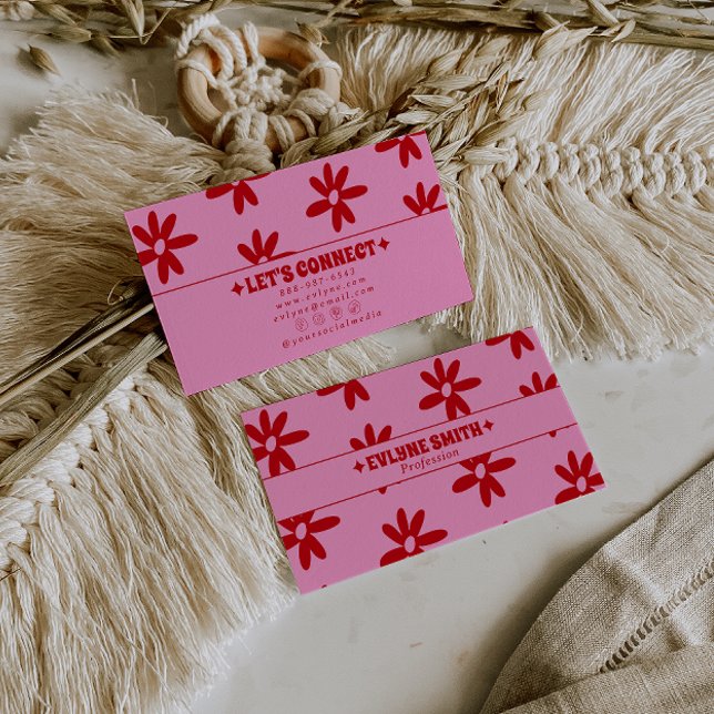 Retro Pink Red Groovy Floral Boho Girly Trendy Business Card (Creator Uploaded)