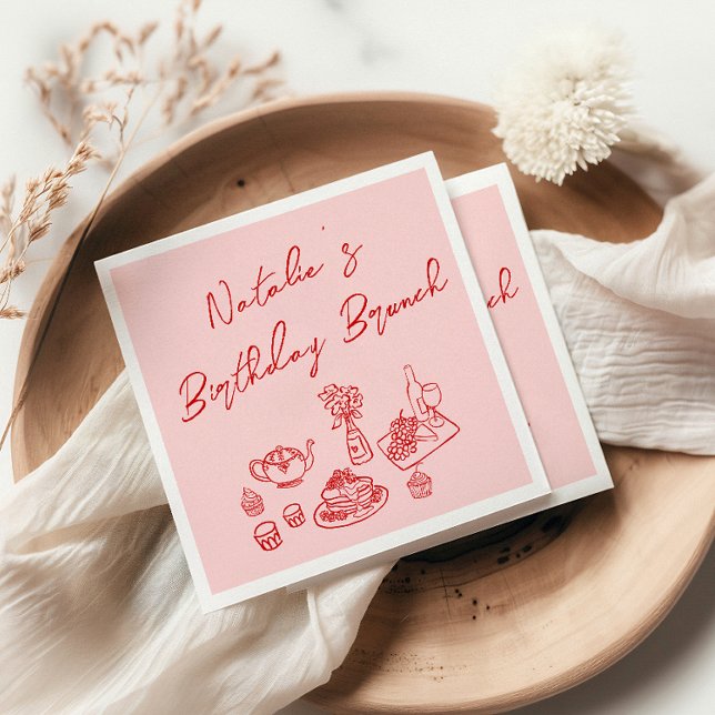 Retro Pink Red Hand Drawn Fun Birthday Brunch  Napkin (Creator Uploaded)