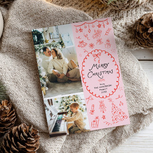 Retro Pink Red Hand Drawn Merry Christmas 2 Photo Holiday Card