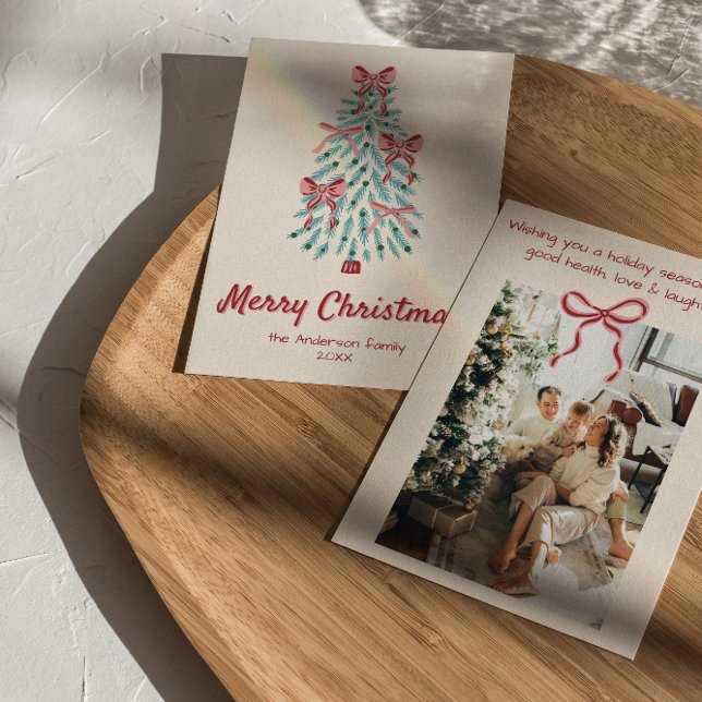  Retro Pink Red Hand Drawn Ribbons Tree Christmas Holiday Card (Creator Uploaded)