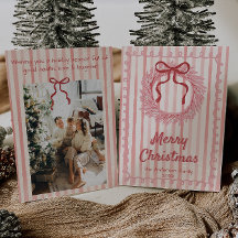 Retro Pink Red Hand Drawn Wreath Bow Christmas