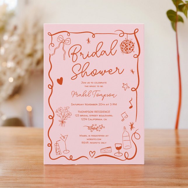 Retro pink red handdrawn illustrated bridal shower invitation (Retro pink red hand drawn illustrated bridal shower invitation)
